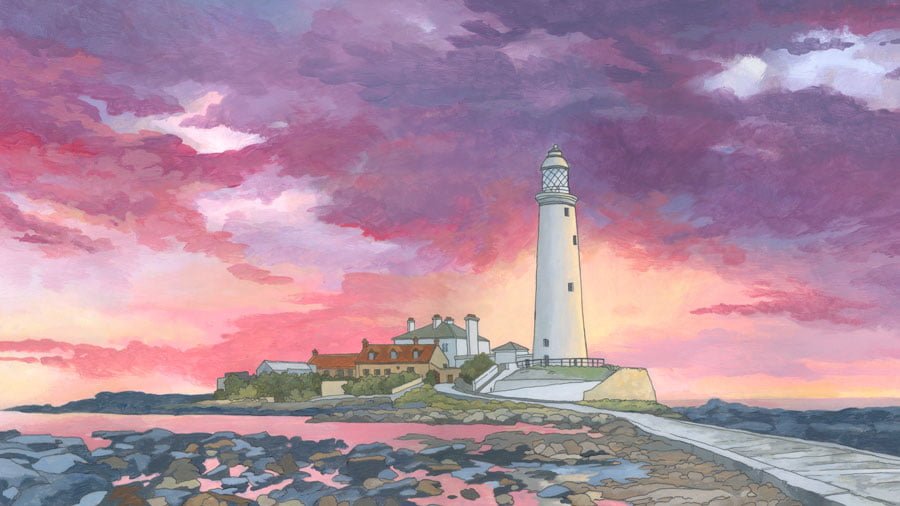 Artery8 Biglietto D'Auguri Bianco Con Tramonto Sul Mare E Faro Di St Mary's, Whitley Bay, Formato 17,5x12,5 Cm, Con Busta