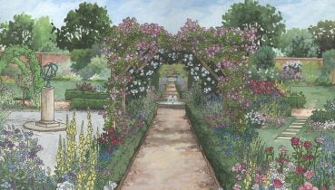 The Rose Garden at Mottisfont Abbey, original acrylic and ink painting created by artist and illustrator Jonathan Chapman